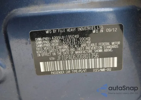 2013 Subaru Impreza 2.0I Premium z USA, uszkodzony, nr VIN JF1GPAD62DG801756